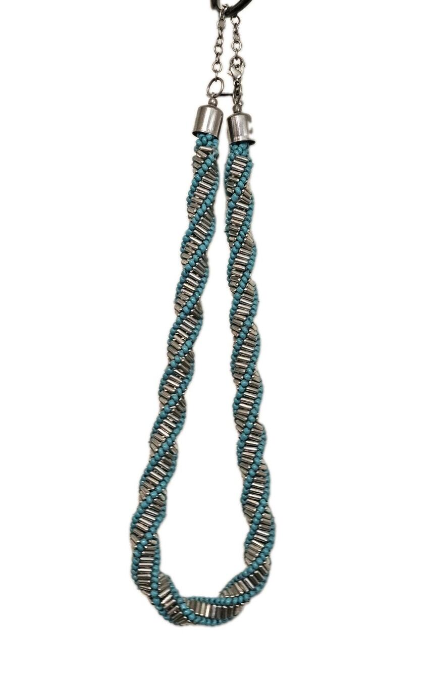 Handcrafted Russian Spiral Beaded Rope Necklace Turquoise Silver Bugle Seed Bead
